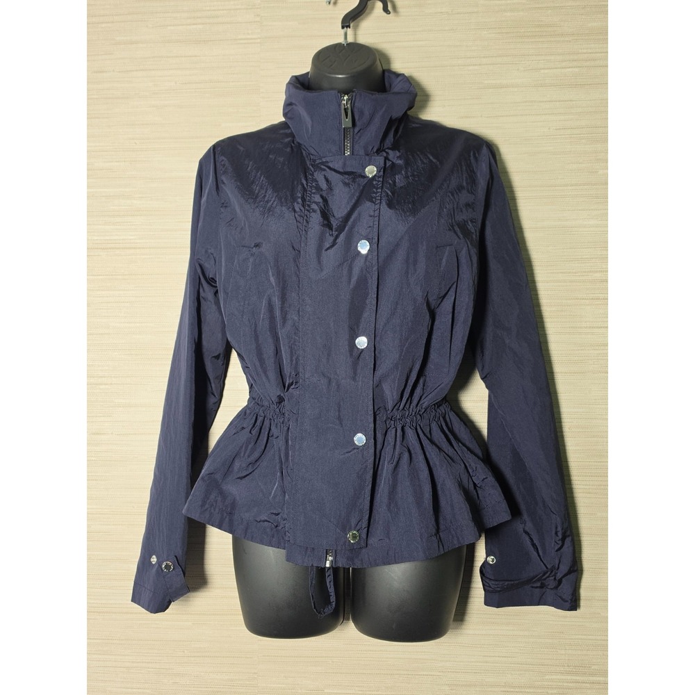 Via Spiga Utility Jacket Womens Small Navy Cinch Elastic Waist Snap Inside Zip